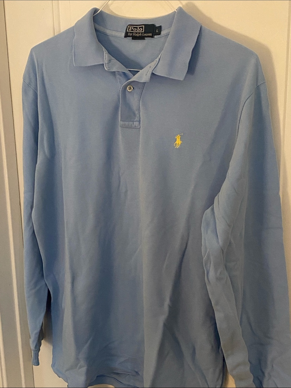 Vintage Polo by Ralph Lauren Light Blue Long-Sleeve Polo with Yellow Logo Sz Lg
